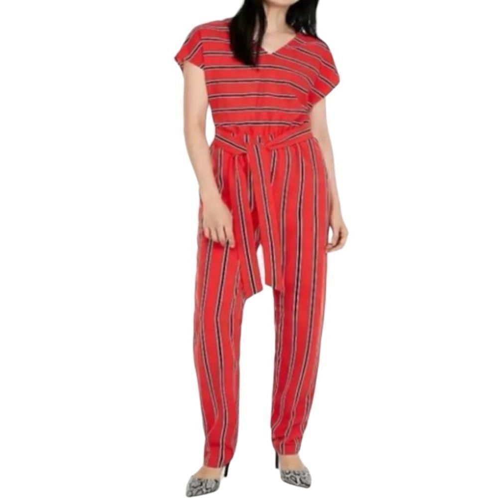 EXPRESS Women's Striped V-Neck Jumpsuit Orange/Black Size Small Petite
